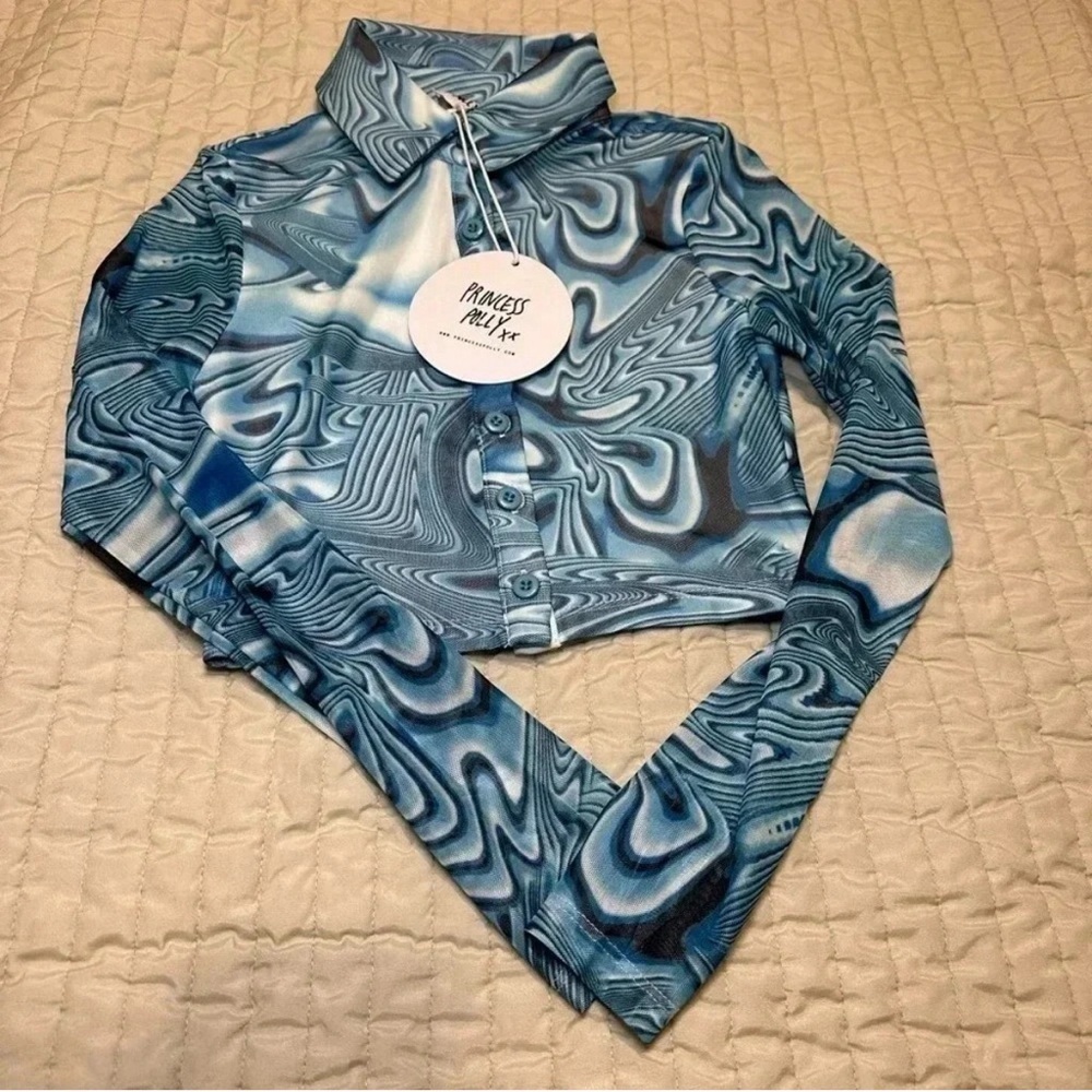 NEW! Princess Polly Alina Long Sleeve Top Blue and White Casual Blouse Shirt